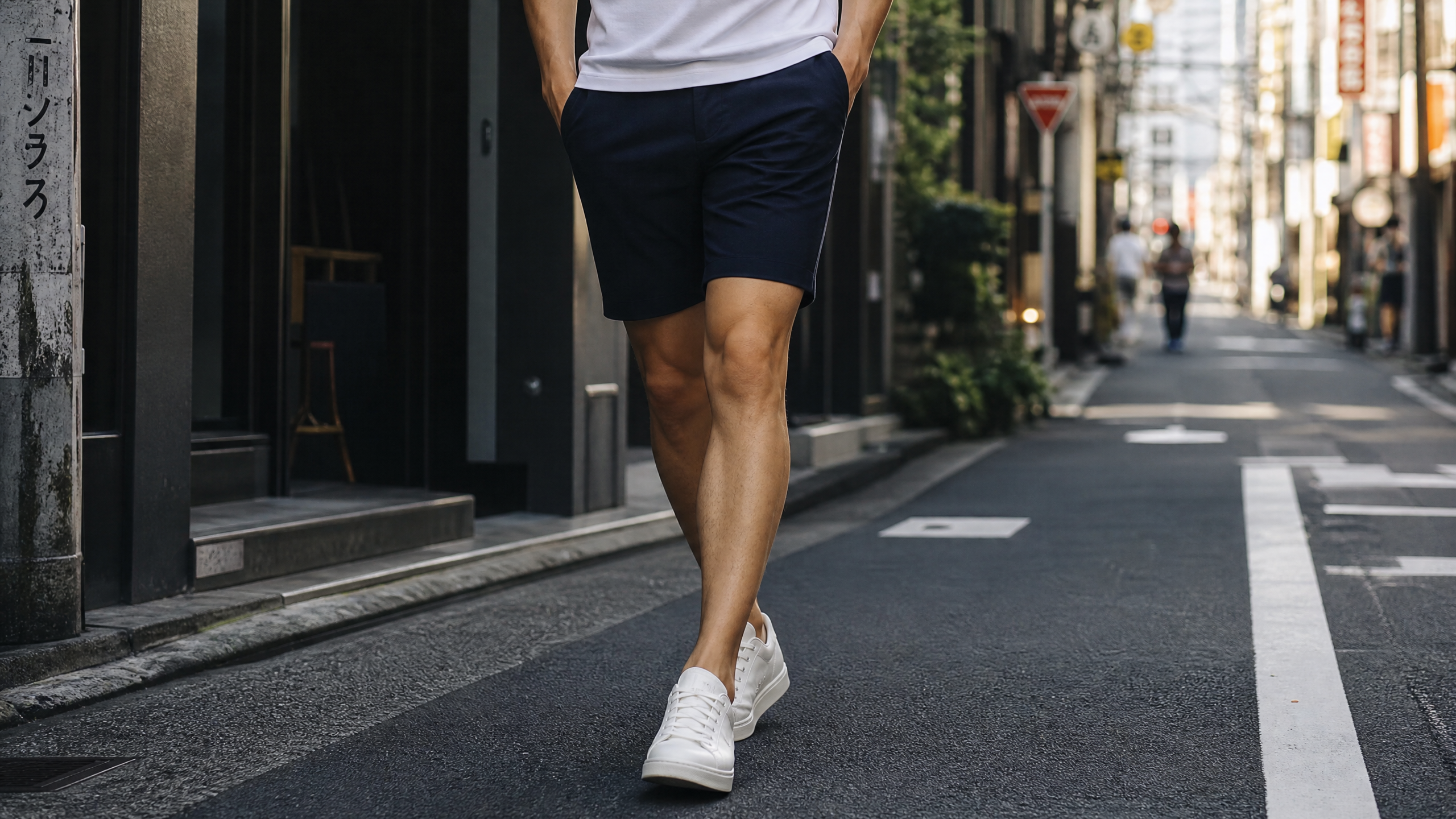 ハーフパンツを着こなす男性・東京の街